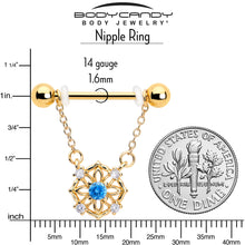 Load image into Gallery viewer, 14G 9/16 Blue CZ Gem Gold Tone Flower Ring Dangle Nipple Ring Set
