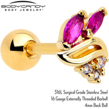 Load image into Gallery viewer, 16G 1/4 Red CZ Gem Gold Tone Swirl Fan Cartilage Tragus Earring
