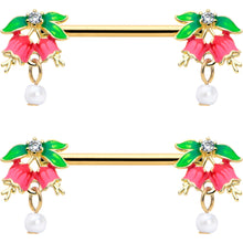 Load image into Gallery viewer, 14G 9/16 Clear CZ Gem Gold Hue Bell Flower Barbell Nipple Ring Set