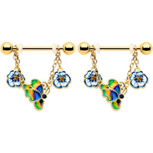 Load image into Gallery viewer, 14G 9/16 Yellow Gem Gold Tone Butterfly Colors Dangle Nipple Ring Set