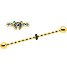 Load image into Gallery viewer, 14G Blue Gem Gold Tone Butterfly Colors Industrial Barbell 38mm