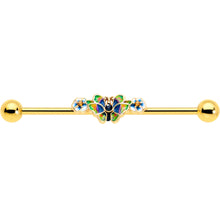 Load image into Gallery viewer, 14G Blue Gem Gold Tone Butterfly Colors Industrial Barbell 38mm