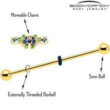 Load image into Gallery viewer, 14G Blue Gem Gold Tone Butterfly Colors Industrial Barbell 38mm