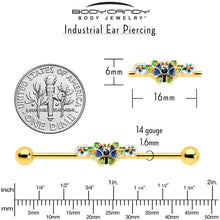 Load image into Gallery viewer, 14G Blue Gem Gold Tone Butterfly Colors Industrial Barbell 38mm