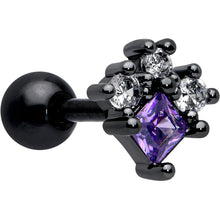 Load image into Gallery viewer, 16G 1/4 Purple CZ Gem Black Rhombus Riot Cartilage Tragus Earring