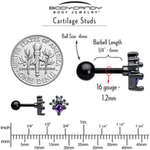 Load image into Gallery viewer, 16G 1/4 Purple CZ Gem Black Rhombus Riot Cartilage Tragus Earring