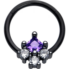 Load image into Gallery viewer, 16G 3/8 Purple CZ Gem Black Rhombus Riot Hinged Segment Ring