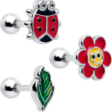 Load image into Gallery viewer, 16G 1/4 Ladybug Hippie Flower Cartilage Tragus Earring Set of 3
