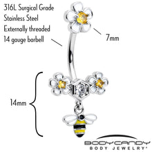 Load image into Gallery viewer, Yellow Clear CZ Gem Flower Bee Dangle Double Mount Belly Ring