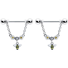Load image into Gallery viewer, 14G 9/16 Yellow CZ Gem Flower Bee Chain Dangle Nipple Ring Set
