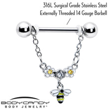 Load image into Gallery viewer, 14G 9/16 Yellow CZ Gem Flower Bee Chain Dangle Nipple Ring Set