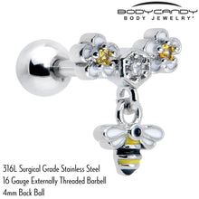 Load image into Gallery viewer, 16G 1/4 Yellow CZ Gem Flower Bee Dangle Cartilage Tragus Earring