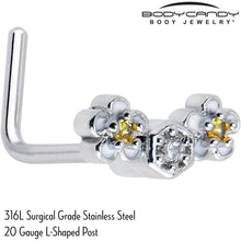 Load image into Gallery viewer, 20G 7mm Yellow CZ Gem Flower Honeycomb L Shape Nose Ring