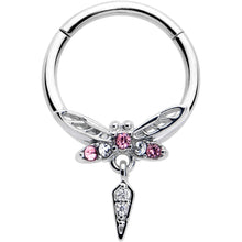 Load image into Gallery viewer, 16G 3/8 Pink Gem Swank Dragonfly Dangle Hinged Segment Ring