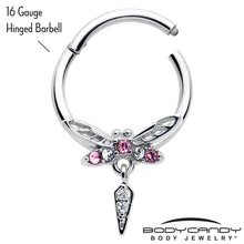 Load image into Gallery viewer, 16G 3/8 Pink Gem Swank Dragonfly Dangle Hinged Segment Ring