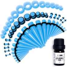 Load image into Gallery viewer, 14G to 1/2 Blue Acrylic 54 Piece Ear Stretching Kit with Jojoba Oil