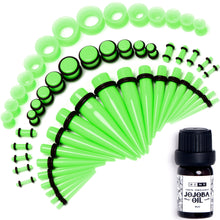 Load image into Gallery viewer, 14G to 1/2 Green Acrylic 54 Piece Ear Stretching Kit with Jojoba Oil