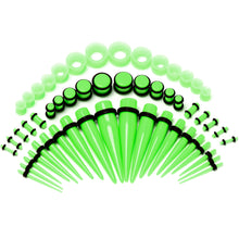 Load image into Gallery viewer, 14G to 1/2 Green Acrylic 54 Piece Ear Stretching Kit with Jojoba Oil