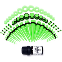 Load image into Gallery viewer, 14G to 1/2 Green Acrylic 54 Piece Ear Stretching Kit with Jojoba Oil