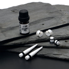 Load image into Gallery viewer, 14G to 1/2 White Acrylic 54 Piece Ear Stretching Kit with Jojoba Oil