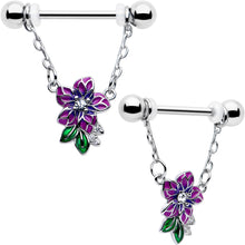 Load image into Gallery viewer, 14G 9/16 Clear CZ Gem Flower Purple Chain Dangle Nipple Ring Set