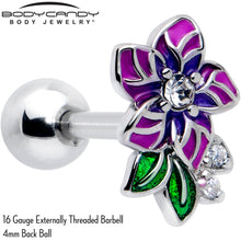 Load image into Gallery viewer, 16G 1/4 Clear CZ Gem Flower Purple Cartilage Tragus Earring