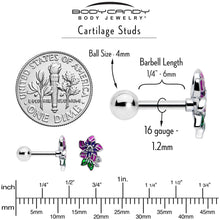 Load image into Gallery viewer, 16G 1/4 Clear CZ Gem Flower Purple Cartilage Tragus Earring