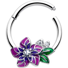 Load image into Gallery viewer, 16G 3/8 Clear CZ Gem Flower Purple Hinged Segment Ring