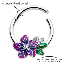 Load image into Gallery viewer, 16G 3/8 Clear CZ Gem Flower Purple Hinged Segment Ring