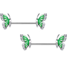 Load image into Gallery viewer, 14G 9/16 Clear CZ Gem Butterfly Green Barbell Nipple Ring Set