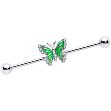Load image into Gallery viewer, 14G Clear CZ Gem Butterfly Green Industrial Barbell 38mm