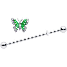 Load image into Gallery viewer, 14G Clear CZ Gem Butterfly Green Industrial Barbell 38mm