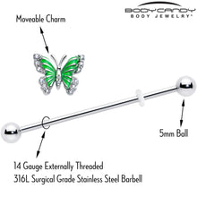 Load image into Gallery viewer, 14G Clear CZ Gem Butterfly Green Industrial Barbell 38mm