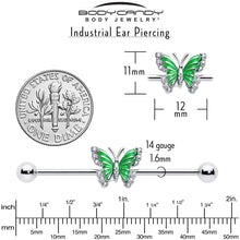 Load image into Gallery viewer, 14G Clear CZ Gem Butterfly Green Industrial Barbell 38mm