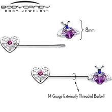 Load image into Gallery viewer, 14G 9/16 Pink Blue Gem Spiderweb Heart Insect Barbell Nipple Ring Set
