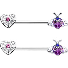Load image into Gallery viewer, 14G 9/16 Pink Blue Gem Spiderweb Heart Insect Barbell Nipple Ring Set