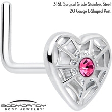 Load image into Gallery viewer, 20G 7mm Pink Gem Spiderweb Heart Love L Shape Nose Ring