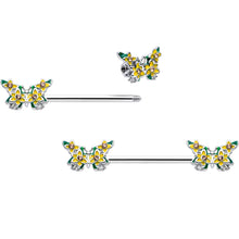 Load image into Gallery viewer, 14G 9/16 Yellow CZ Gem Blooming Butterfly Barbell Nipple Ring Set