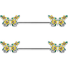 Load image into Gallery viewer, 14G 9/16 Yellow CZ Gem Blooming Butterfly Barbell Nipple Ring Set