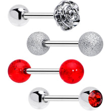 Load image into Gallery viewer, Red CZ Gem Flower Sandblasted Barbell Tongue Ring Set of 4