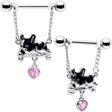 Load image into Gallery viewer, 14G 9/16 Pink Gem Sleepy French Bulldog Chain Dangle Nipple Ring Set