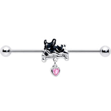Load image into Gallery viewer, 14G Pink Gem Sleepy French Bulldog Dangle Industrial Barbell 38mm