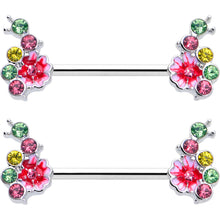Load image into Gallery viewer, 14G 9/16 Green Pink Gem Caterpillar Flower Barbell Nipple Ring Set