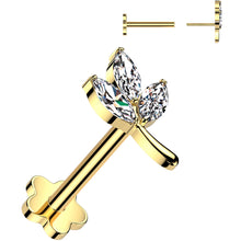 Load image into Gallery viewer, 16G 1/4 CZ Gem Leaves Gold PVD Medical Grade Titanium Reversible Flat Back Earring