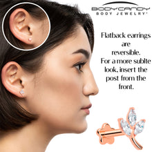 Load image into Gallery viewer, 16G 1/4 CZ Gem Leaves Rose Gold PVD Medical Grade Titanium Reversible Flat Back Earring