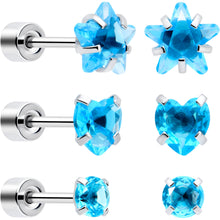 Load image into Gallery viewer, Blue Simplistic Heart Star CZ Flat Back Stud Earrings - 3 Pairs