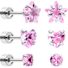 Load image into Gallery viewer, Pink Simplistic Heart Star CZ Flat Back Stud Earrings - 3 Pairs