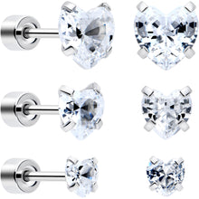 Load image into Gallery viewer, Clear Heart CZ Flat Back Stud Earrings - 3 Pairs