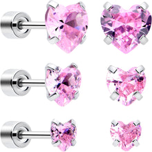 Load image into Gallery viewer, Pink Heart CZ Flat Back Stud Earrings - 3 Pairs