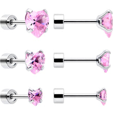 Load image into Gallery viewer, Pink Heart CZ Flat Back Stud Earrings - 3 Pairs